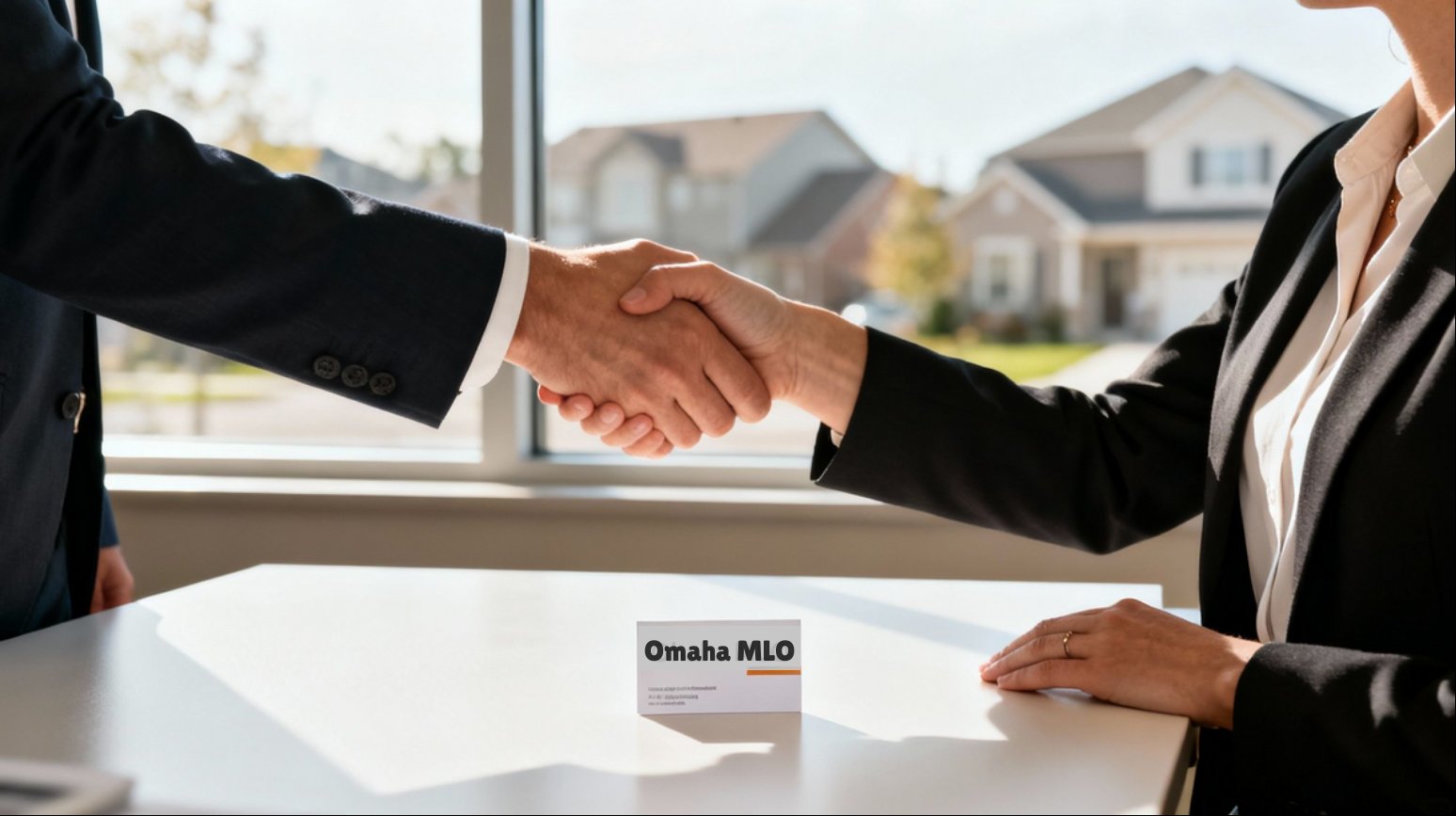 Two professionals shaking hands over a table with an 'Omaha MLO' business card, houses in the background.