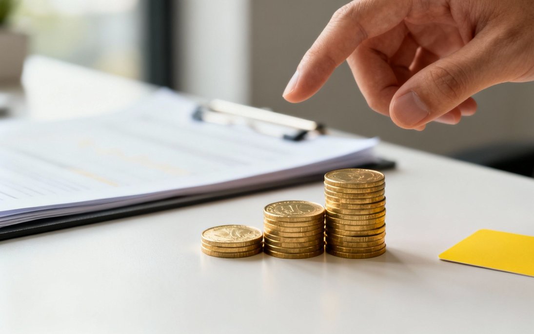 A person's hand points at three increasing stacks of golden coins on a white desk with documents.