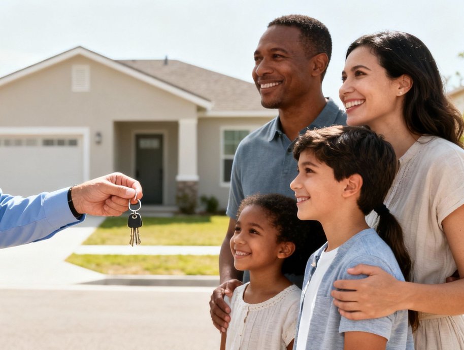 Smiling diverse family receives house keys in front of their new home, celebrating homeownership.