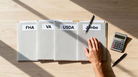 Overhead view of a hand on a desk next to FHA, VA, USDA, and Jumbo mortgage folders.
