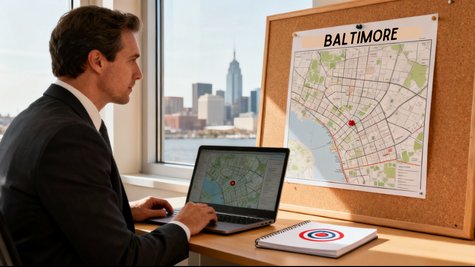 A businessman looks at a map on his laptop with a Baltimore map on a cork board.