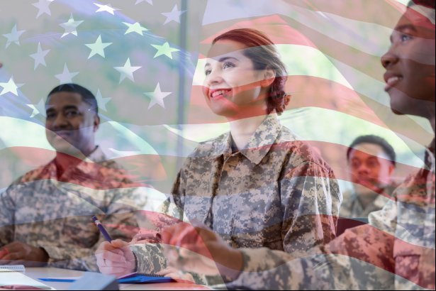 Diverse military personnel in camouflage uniforms in a classroom, with the US flag superimposed.