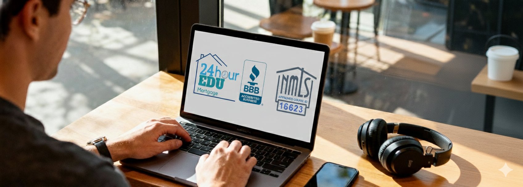 A person in glasses types on a laptop showing mortgage education logos, with headphones and phone.