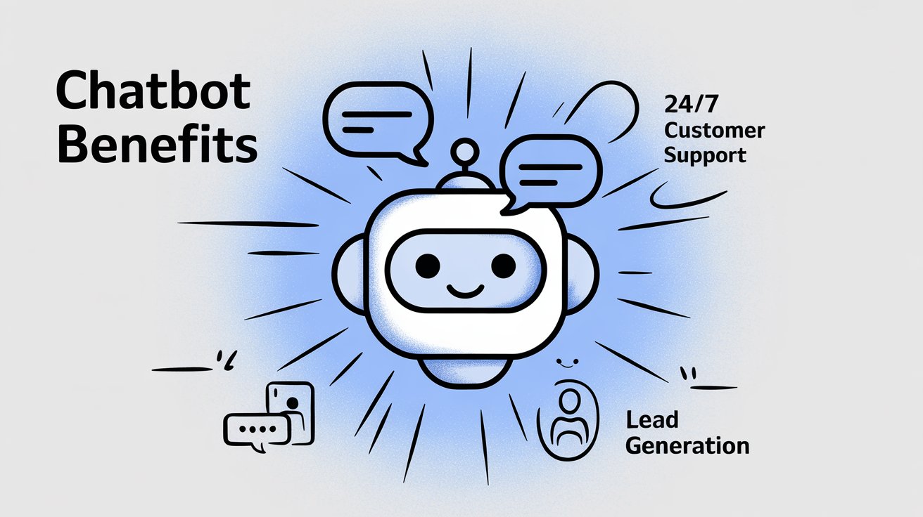 Illustration showing the key benefits of ChatGPT chatbots including 24/7 customer support and lead generation