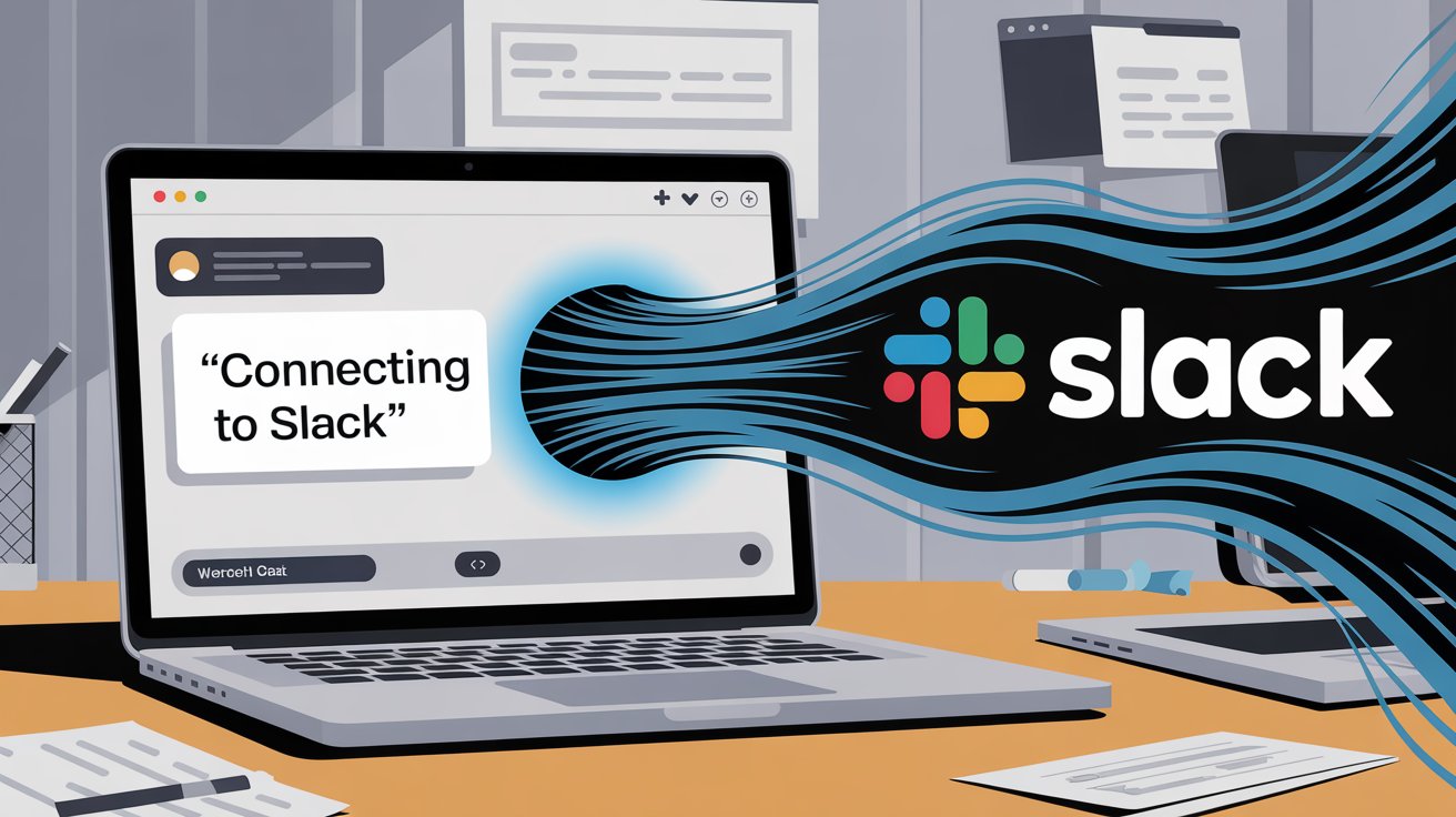 Professional workspace showing live chat integration between website and Slack with visual connection flow