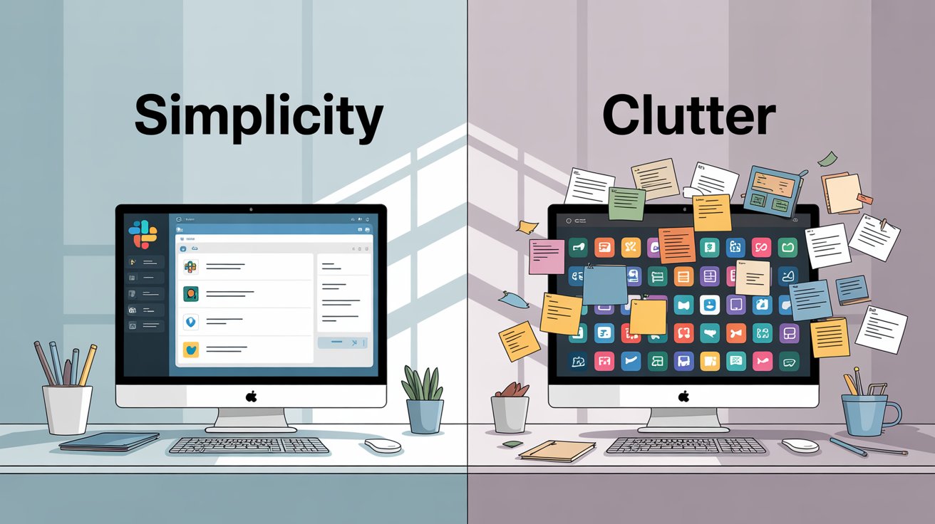Split-screen comparison showing simple organized Slack workspace versus cluttered workspace with multiple tools and dashboards