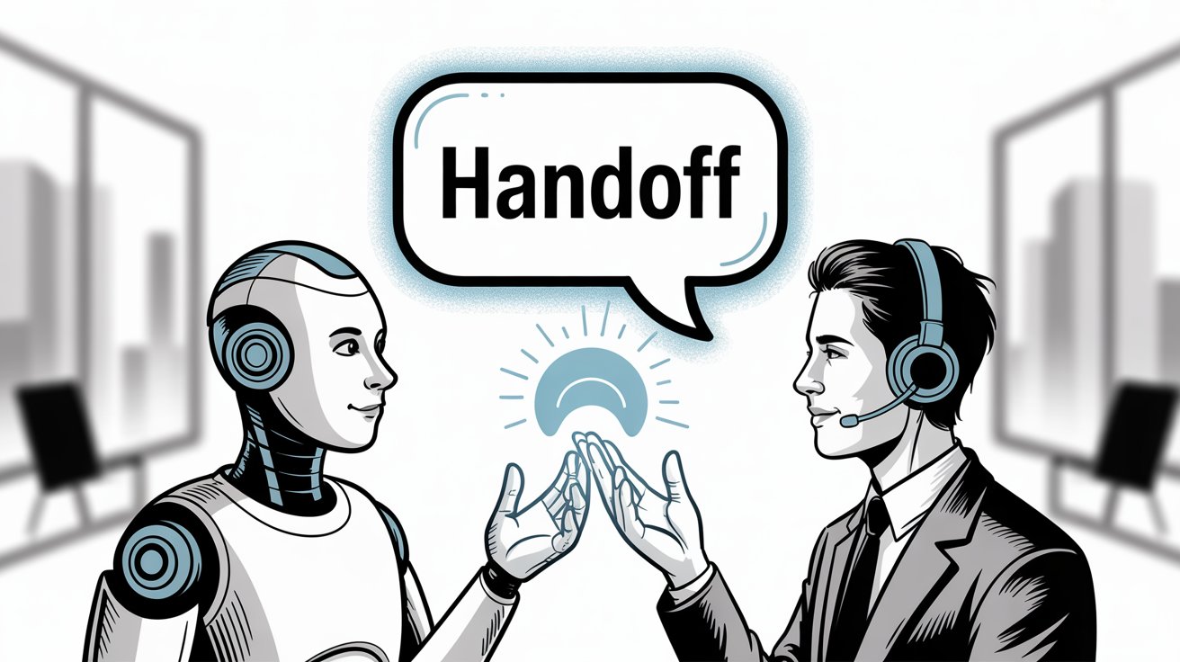 AI chatbot collaborating with human support agent showing seamless handoff from automated to human assistance
