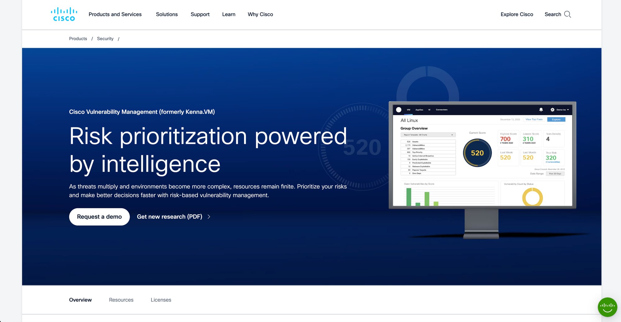 Cisco vulnerability management platform homepage
