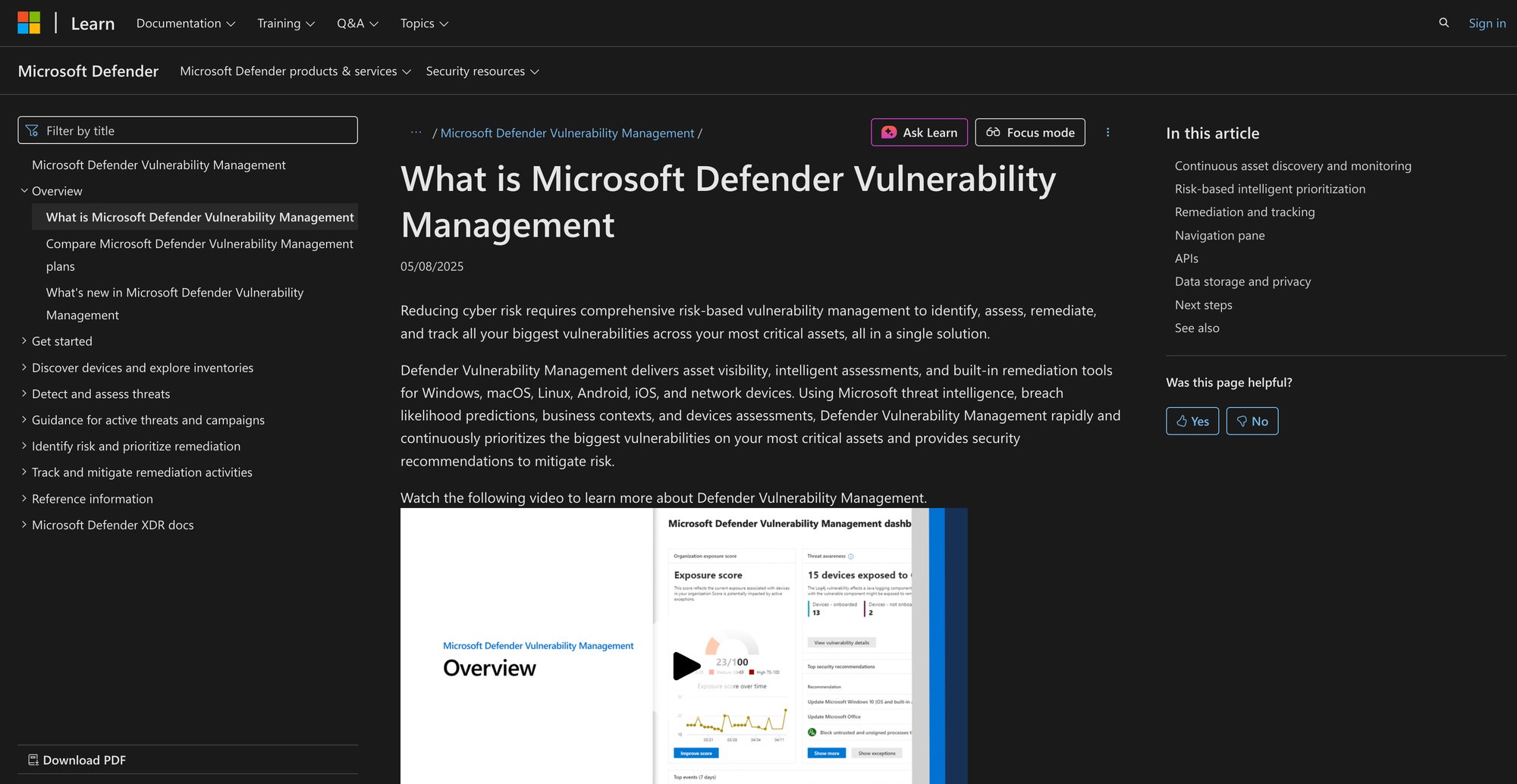 Microsoft Defender Vulnerability Management platform homepage