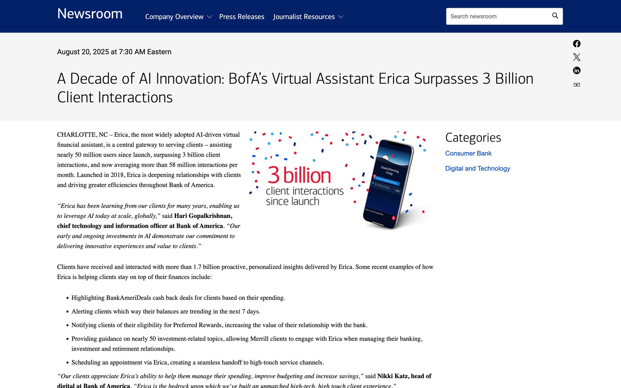 Bank of America's Erica Virtual Assistant