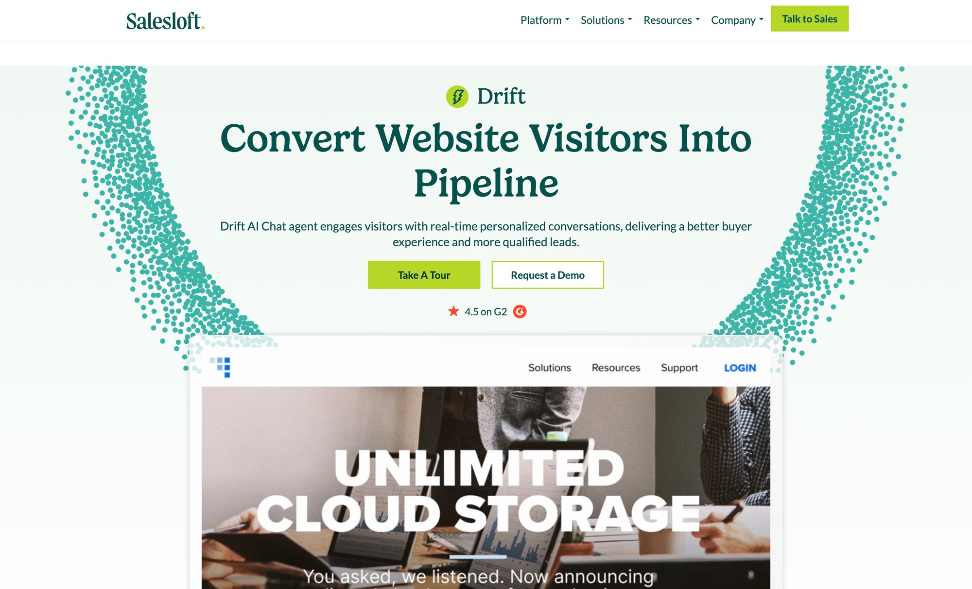 Drift homepage hero showcasing sales-focused live chat platform for B2B lead generation