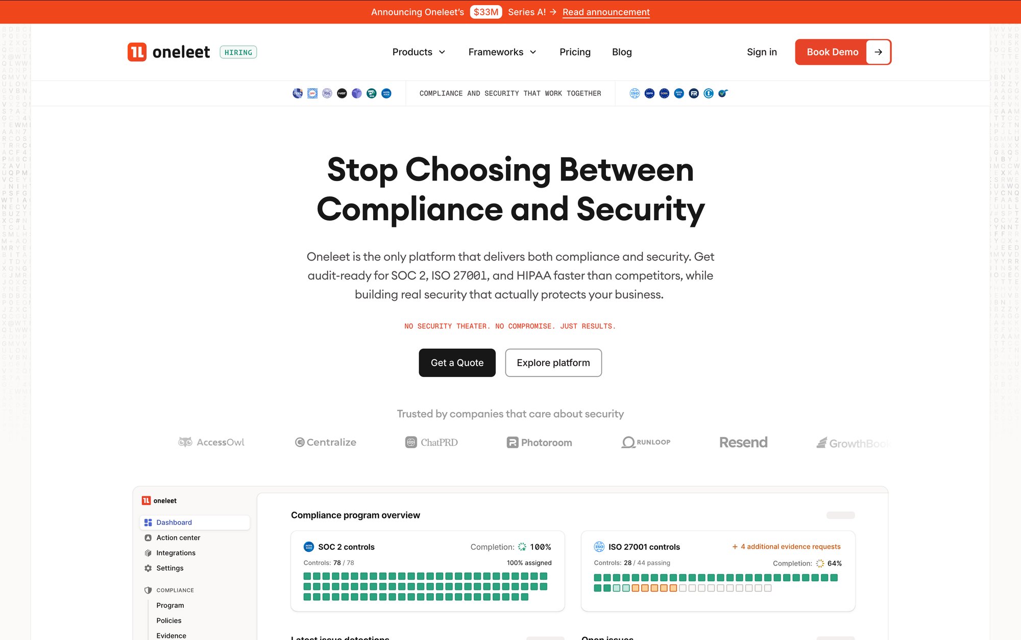 Oneleet compliance and security platform dashboard showing SOC 2 and ISO 27001 control completion