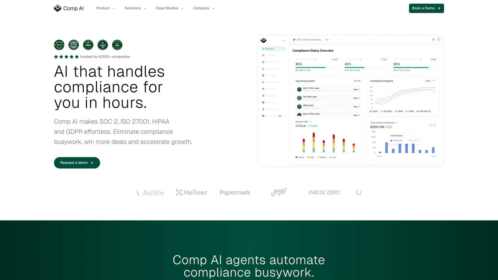 Comp AI website featuring a dashboard displaying compliance status, upcoming audits, risks, and revenue metrics.