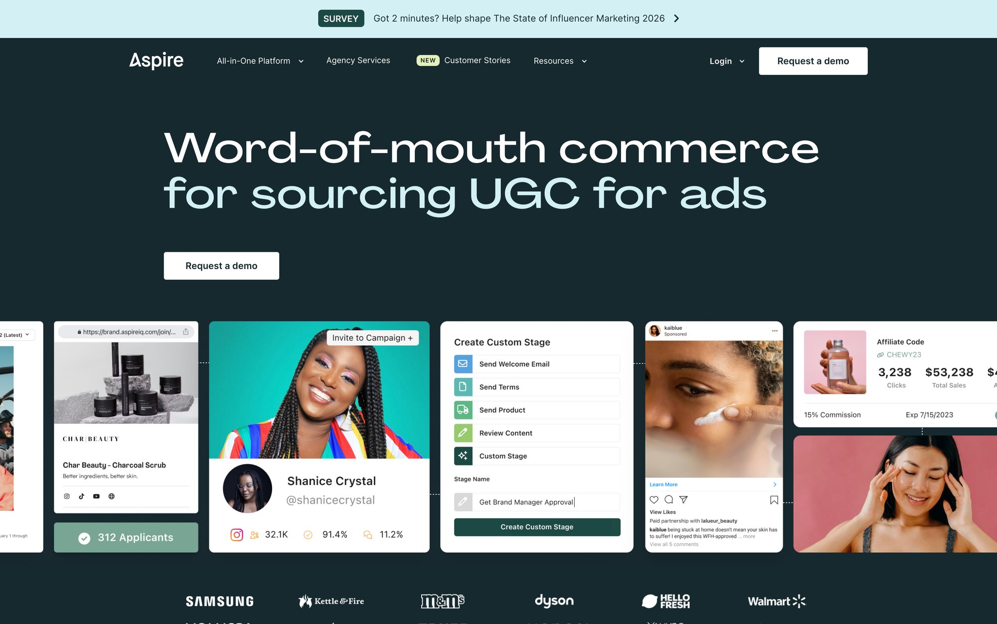 Aspire website displaying influencer marketing platform features for user-generated content and affiliate programs.