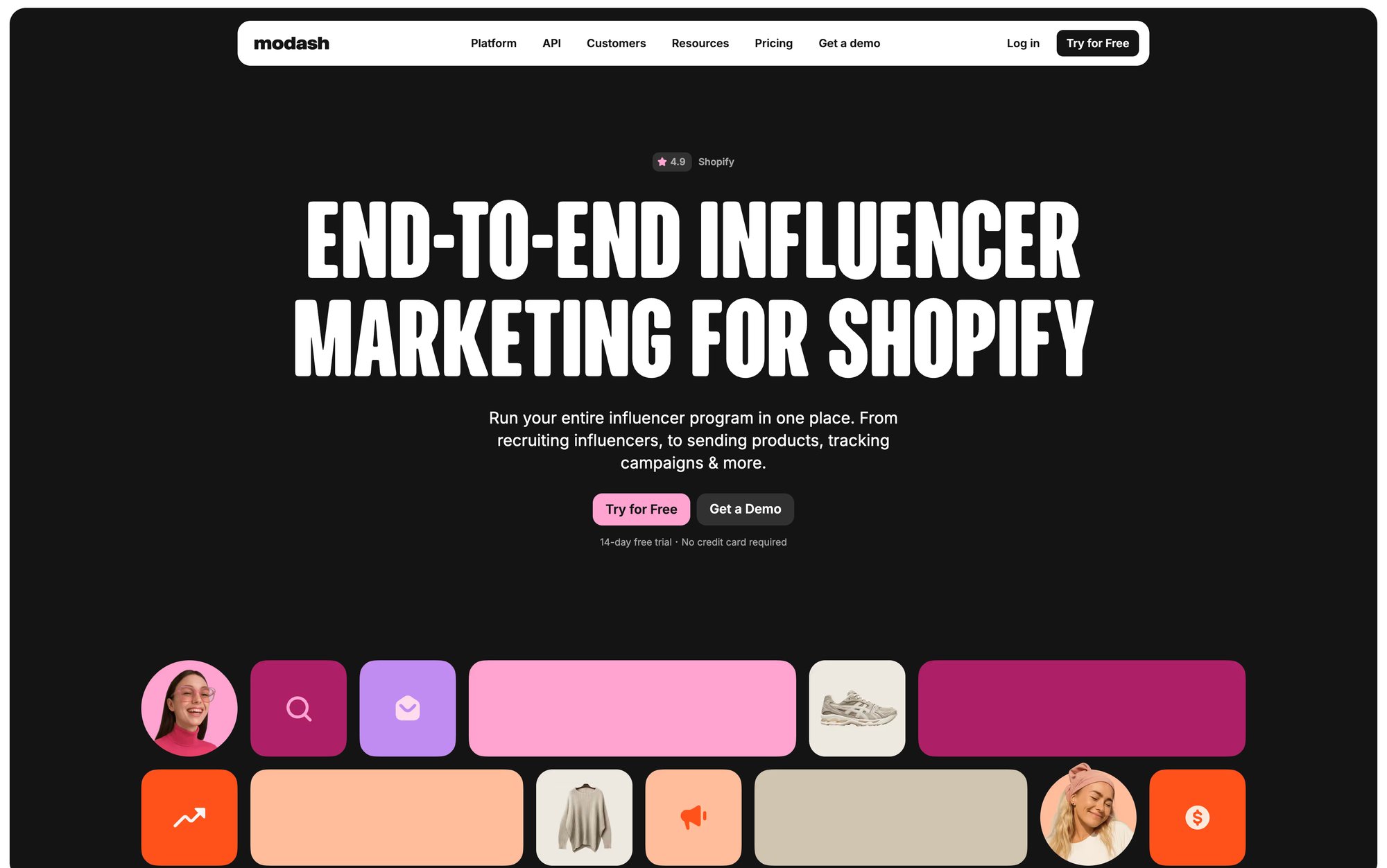 A landing page for Modash, an end-to-end influencer marketing platform for Shopify, showing features and call-to-actions.