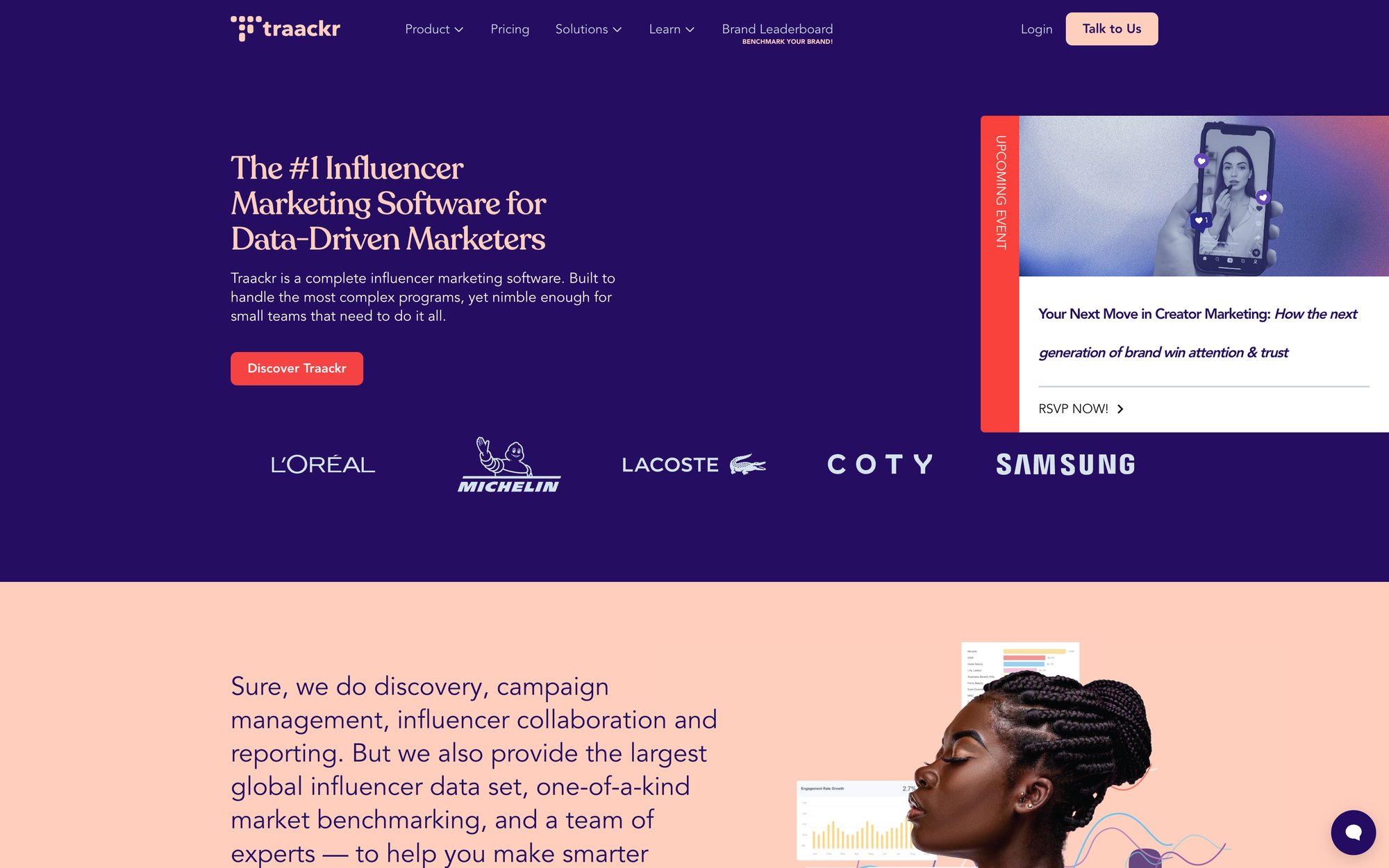 Traackr website homepage with influencer marketing software details, an upcoming event, and brand logos.