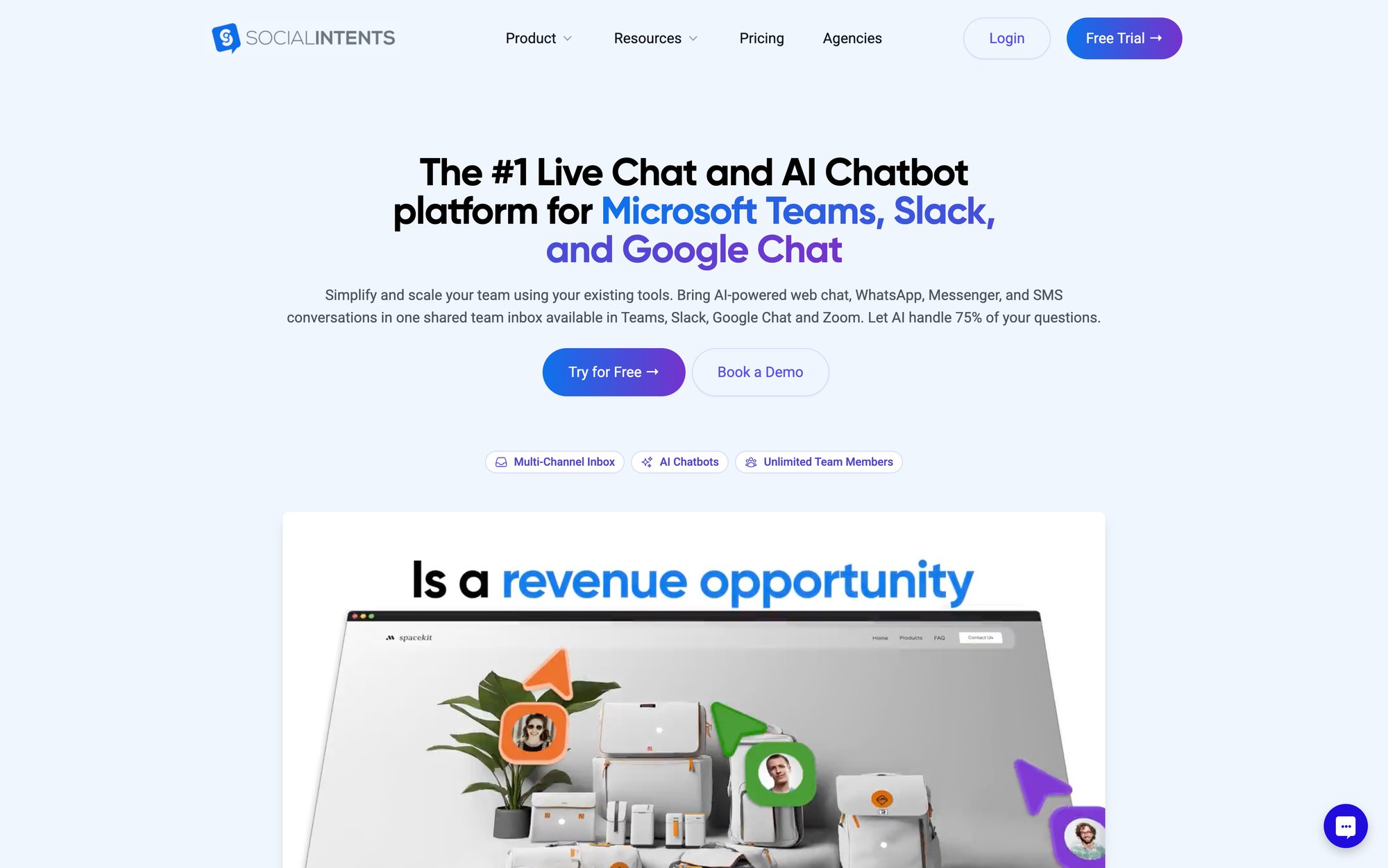 Social Intents website showcasing its live chat and AI chatbot platform for Microsoft Teams, Slack, Google Chat.