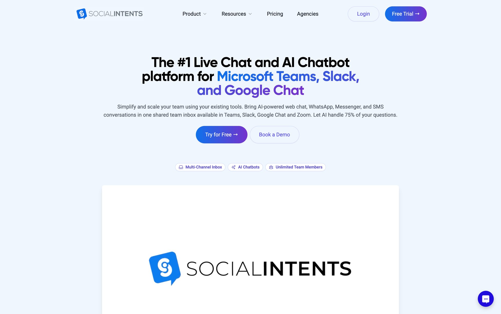 A website landing page showcasing Social Intents, an AI chatbot platform for business communication tools.