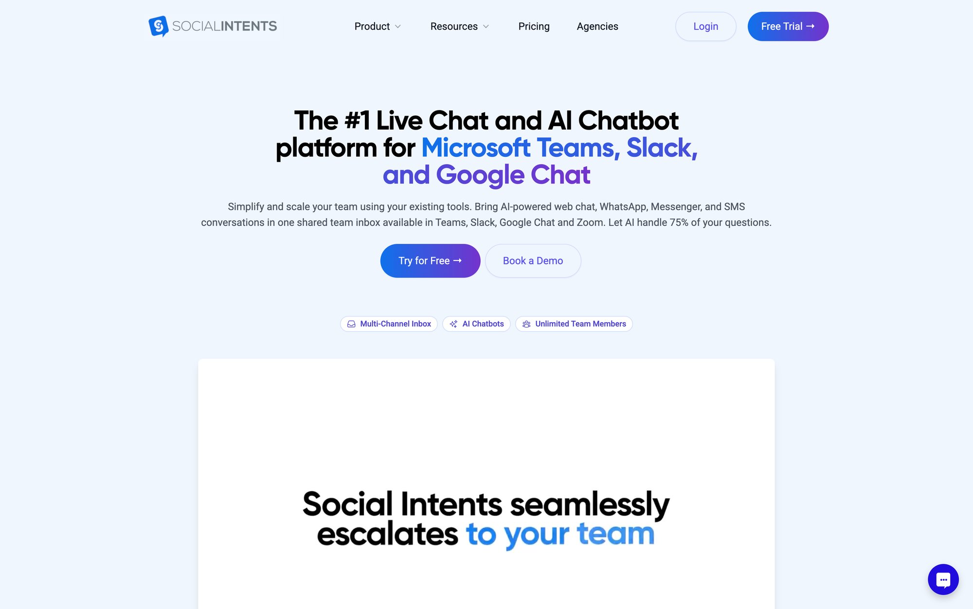 Social Intents homepage displaying live chat and AI chatbot platform features for Microsoft Teams, Slack, and Google Chat.