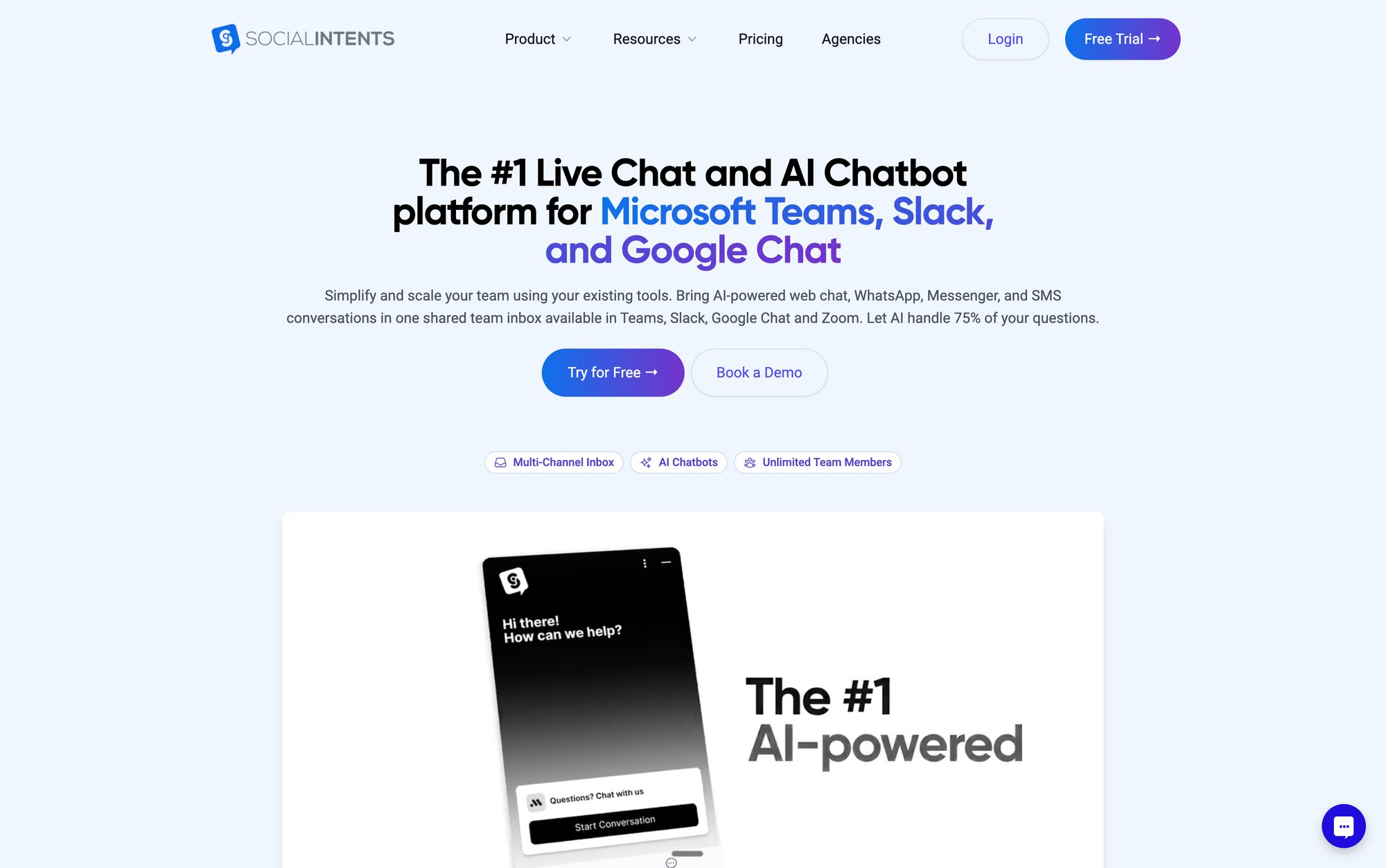 A website for Social Intents, promoting its live chat and AI chatbot platform for Microsoft Teams, Slack, and Google Chat.
