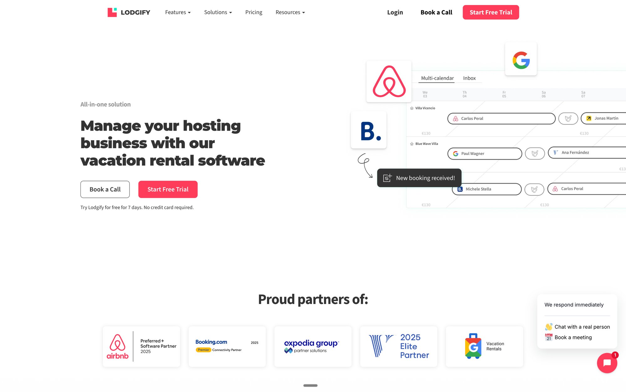 A Lodgify web page showing a multi-calendar for vacation rental bookings from various platforms and partner logos.