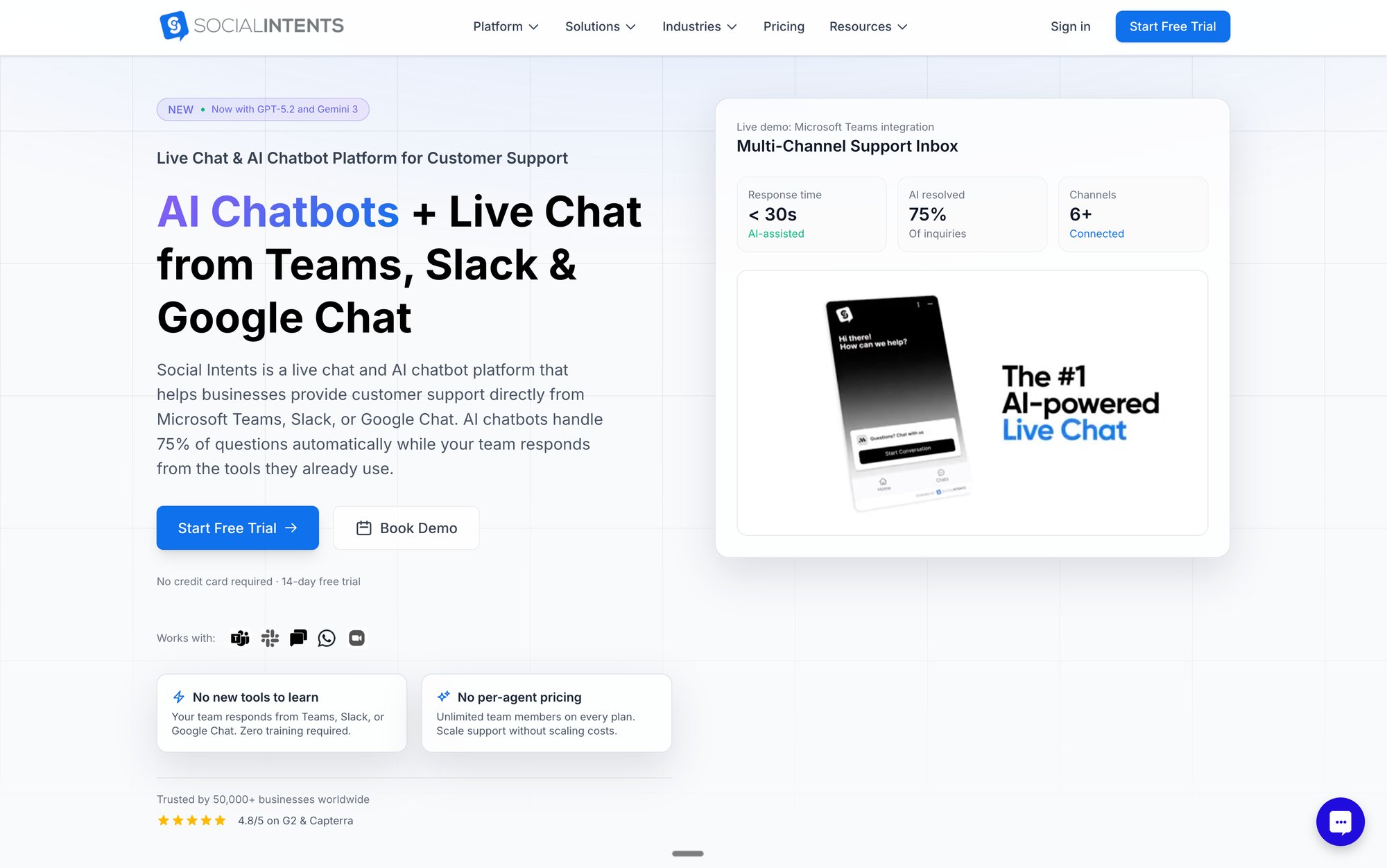 Social Intents landing page displaying AI chatbots and live chat integration for customer support platforms.