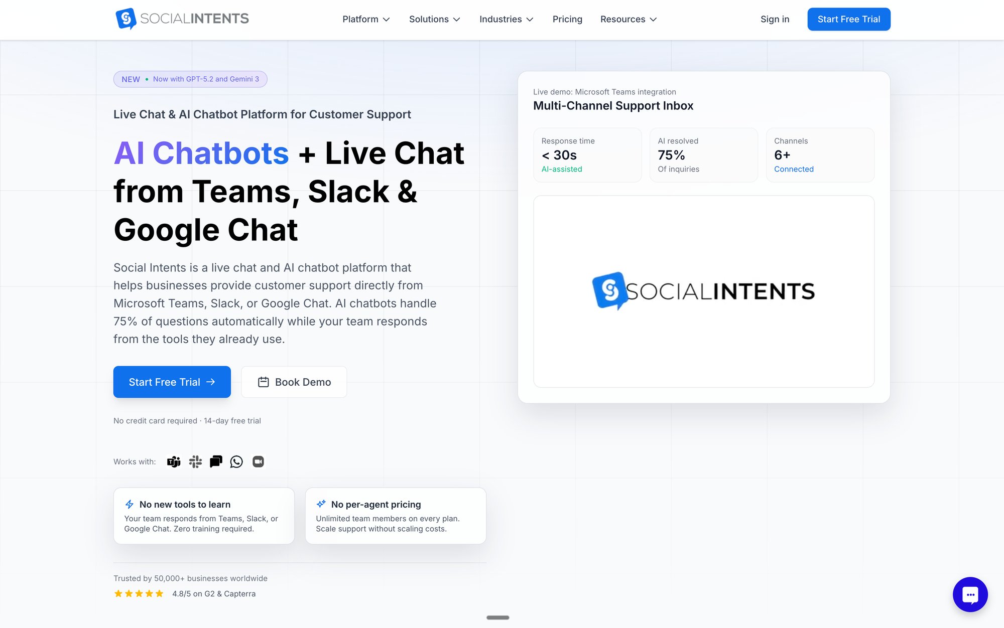 Homepage of Social Intents, an AI chatbot and live chat platform for enterprise customer support.