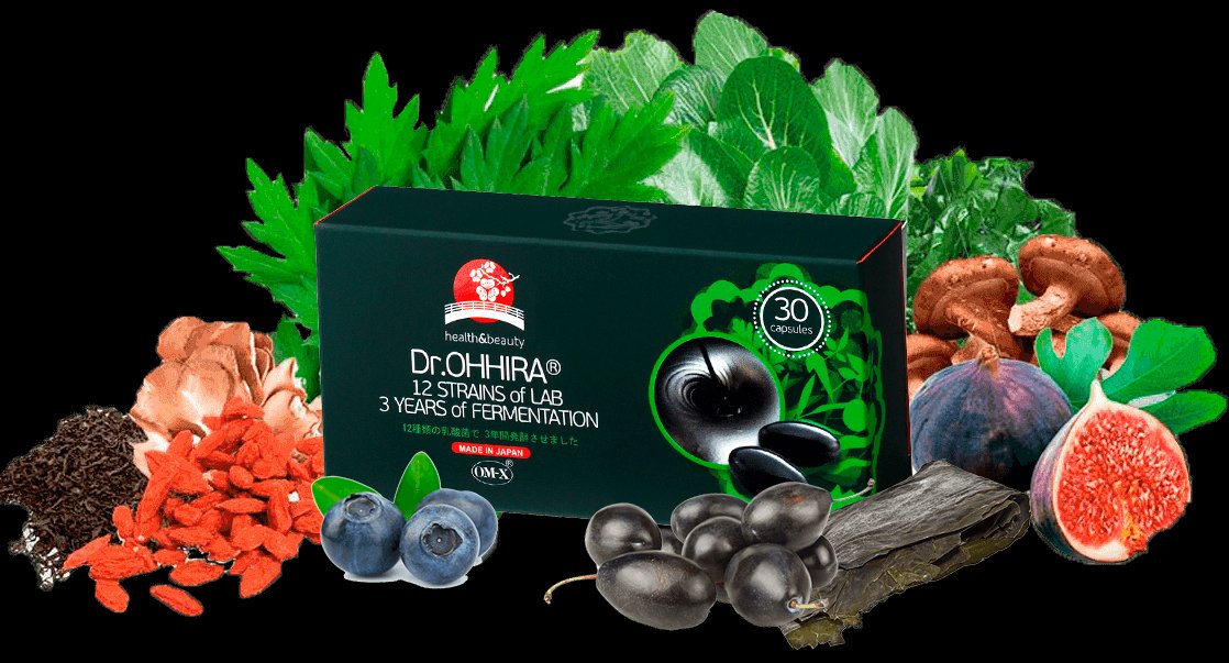 Dr. Ohhira probiootikumide pakend koos looduslike koostisosadega nagu seened, marjad ja taimed