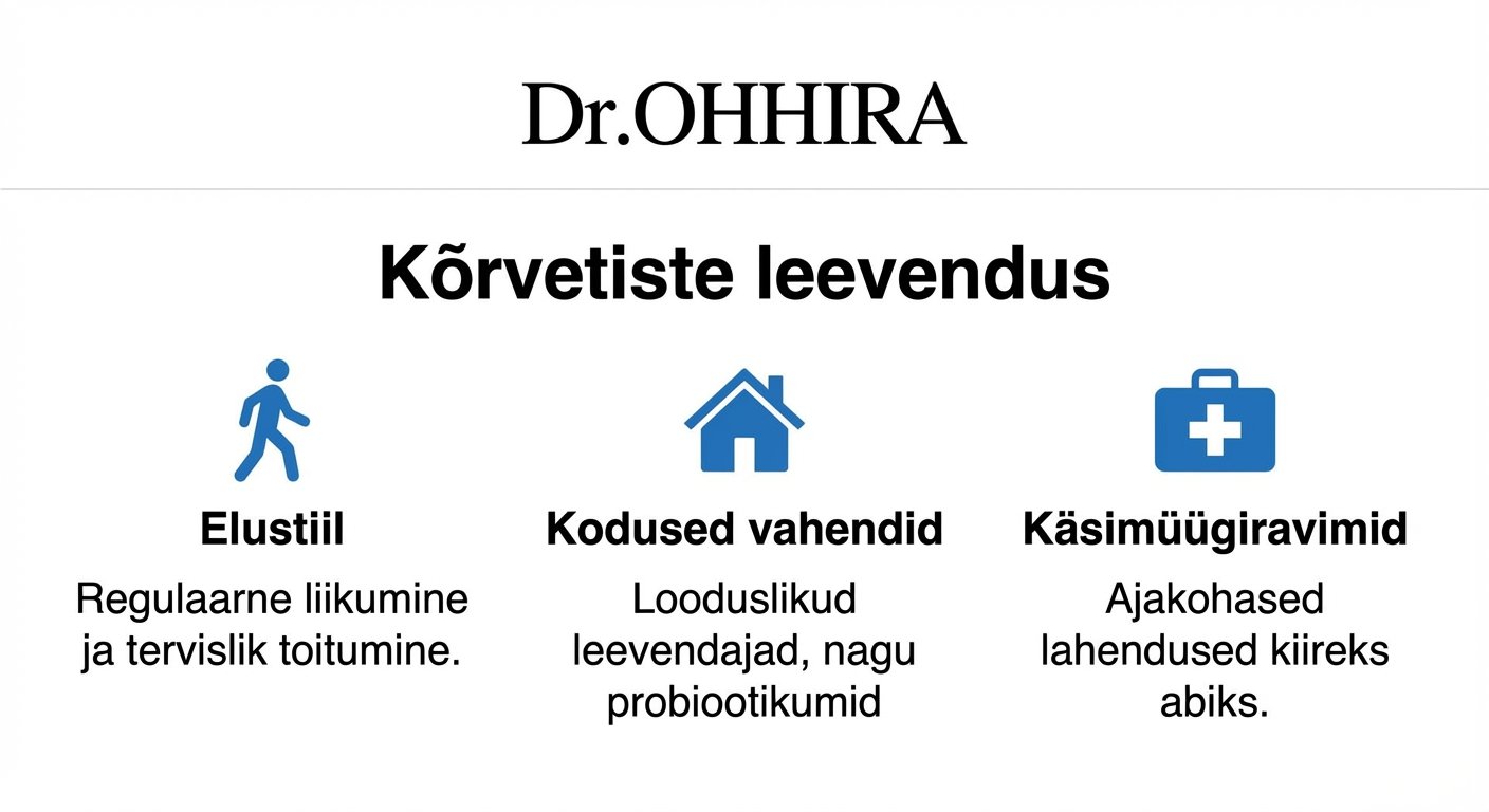 Kujutis näitab Dr. OHHIRA soovitusi kõrvetiste leevendamiseks elustiili, koduste vahendite ja käsimüügiravimite abil.