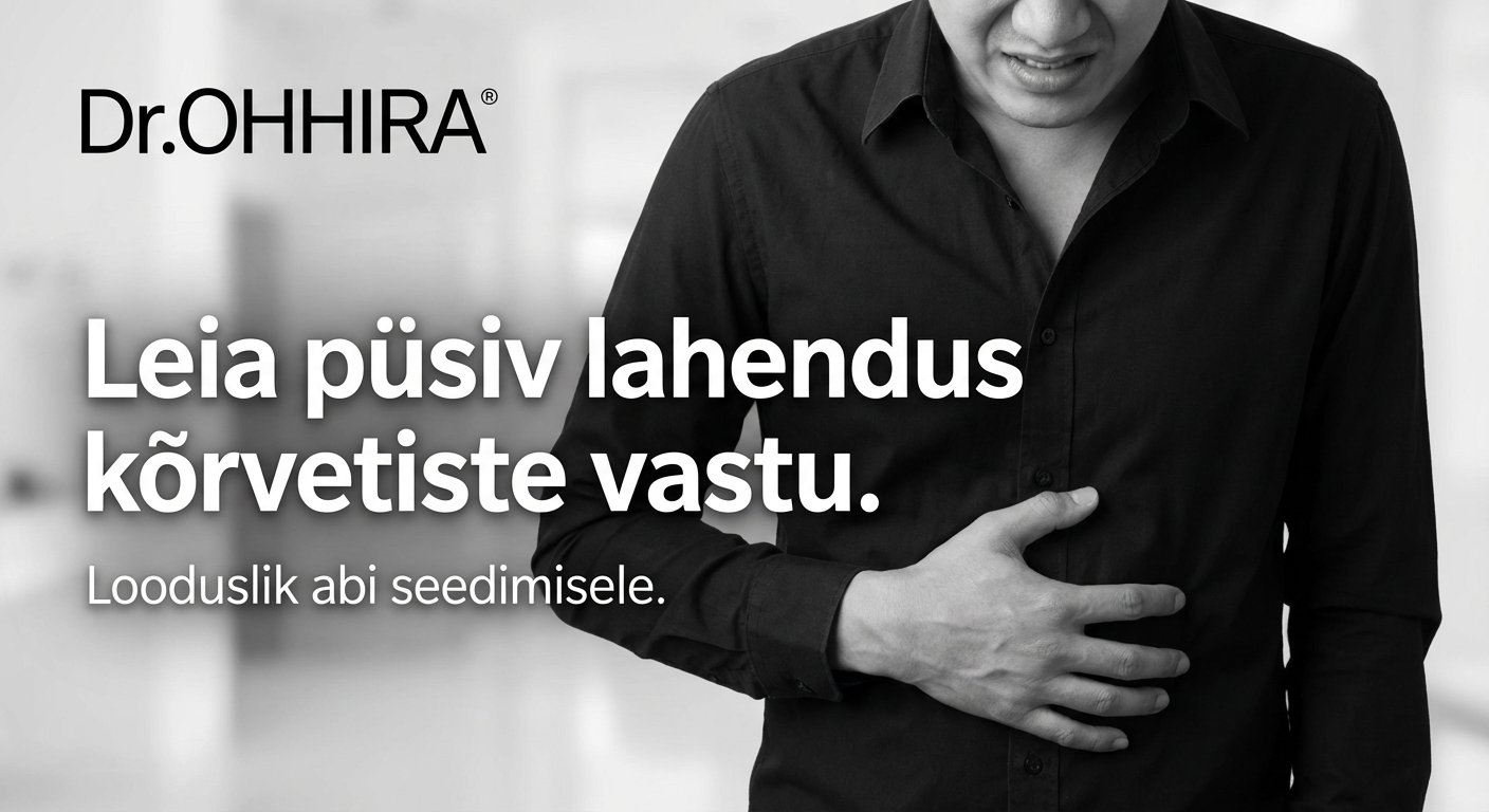 Mees hoiab valu pärast kõhtu, reklaamib Dr.OHHIRA lahendust kõrvetistele ja seedeprobleemidele.
