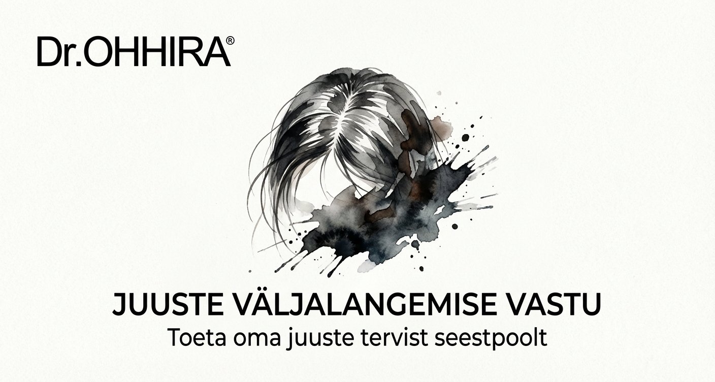 Dr. OHHIRA® reklaam juuste väljalangemise vastu, näidates stiliseeritud juukseid ja teksti.