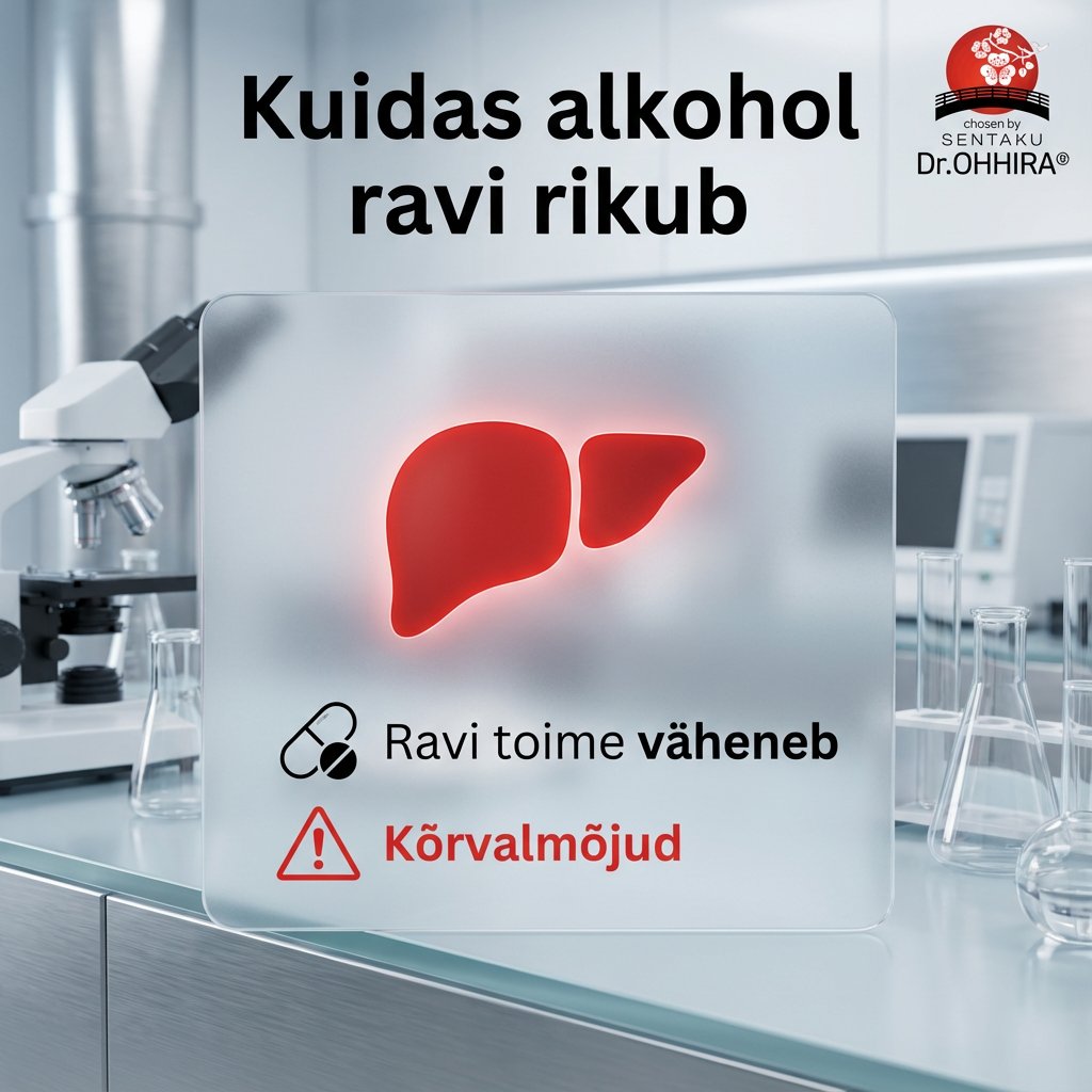 Pilt näitab, kuidas alkohol mõjutab ravi efektiivsust ja põhjustab kõrvalmõjusid, rõhutades maksa rolli.