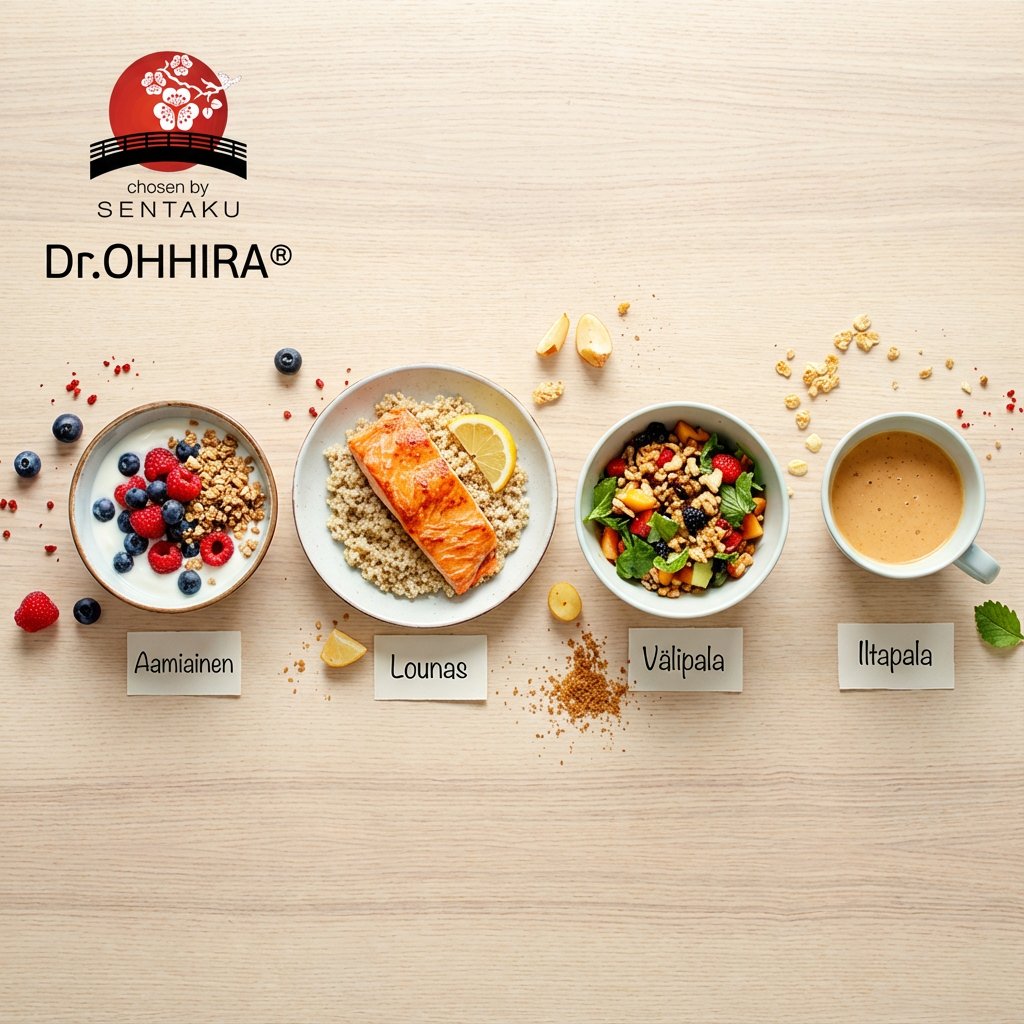 Neljä terveellistä ateriaa päivän ajalle: aamiainen, lounas, välipala ja iltapala puupöydällä.