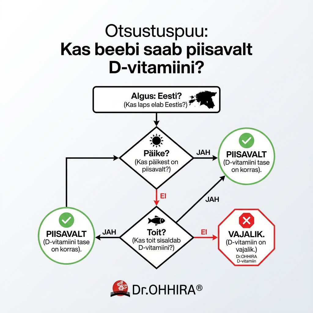 Otsustuspuu, mis selgitab, kas beebi saab piisavalt D-vitamiini päikesest või toidust, või vajab seda juurde.