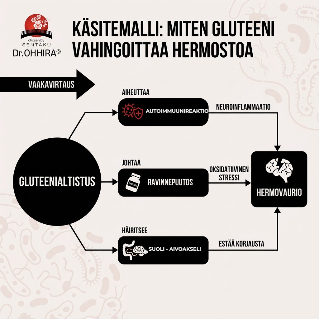 Käsitekartta näyttää, miten gluteeni vahingoittaa hermostoa autoimmuunireaktioiden, puutosten ja suoli-aivoakselin häiriöiden kautta.