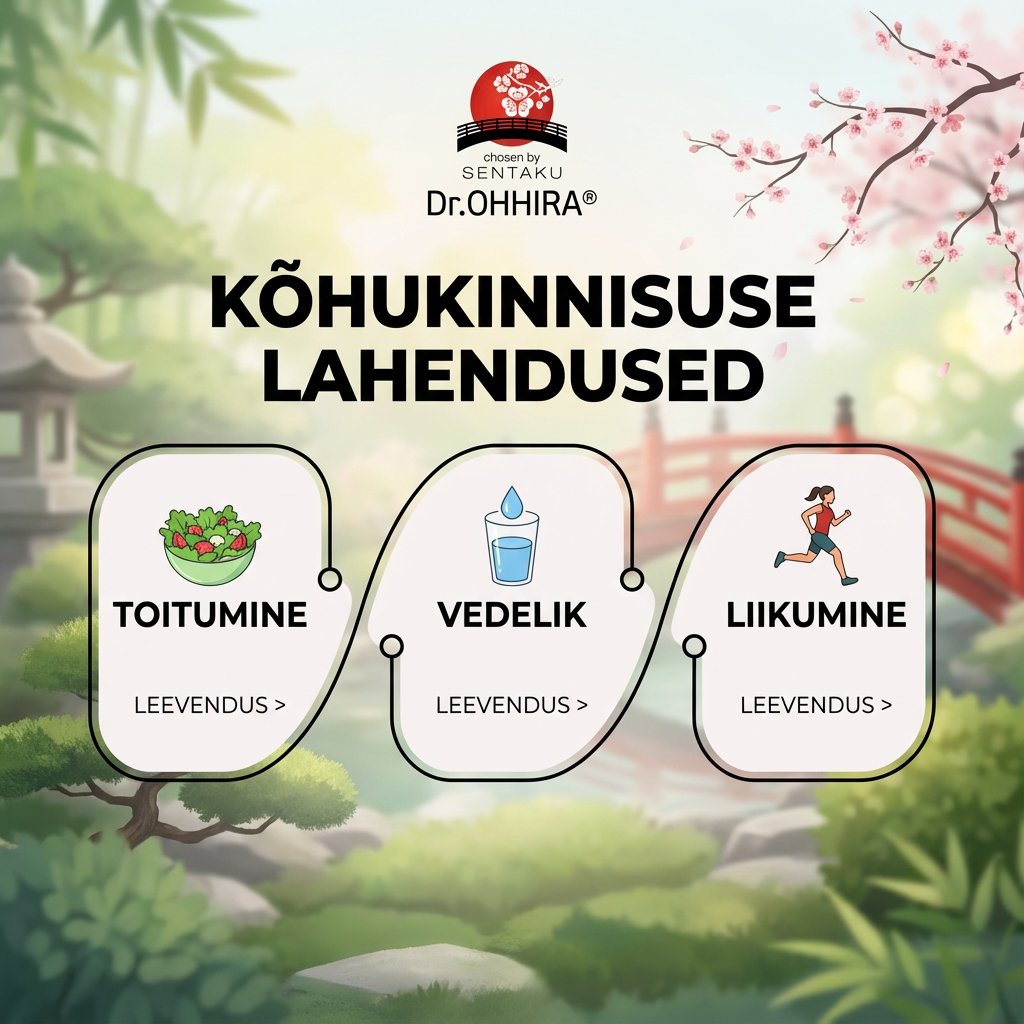 Illustratsioon kõhukinnisuse lahendustest: toitumine, vedelik ja liikumine Jaapani aia taustal.
