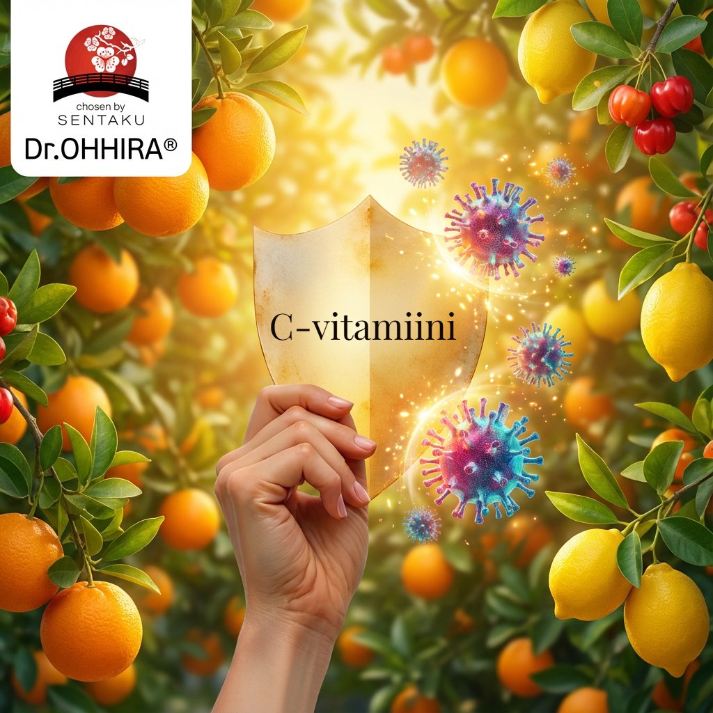 Käsi pitelee C-vitamiinikilpeä, joka suojaa viruksilta sitrushedelmäpuutarhassa.