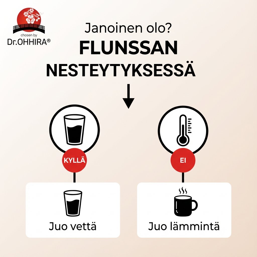 Flunssan nesteytysohje: Jos olet janoinen, juo vettä. Jos et, juo lämmintä.