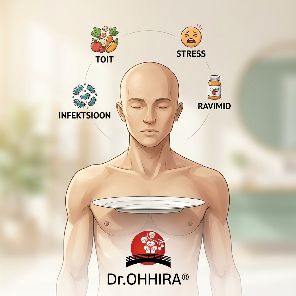 Illustratsioon inimese ülakehast, mille ümber on näidatud toitumise, stressi, ravimite ja infektsiooni mõju.