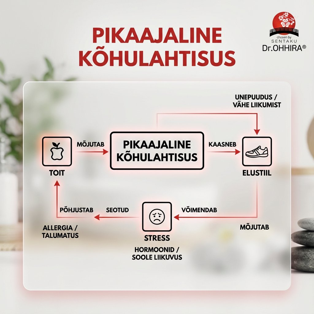 Diagramm, mis selgitab pikaajalise kõhulahtisuse põhjuseid ja mõjutajaid, sealhulgas toitu, stressi ja elustiili.