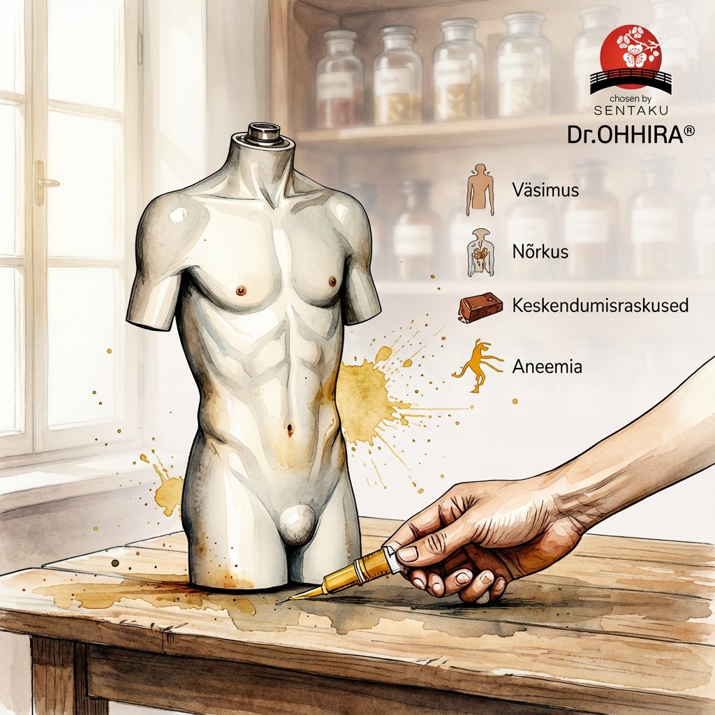 Kujutatakse süstalt süstimas vedelikku mehe mannekeeni torso sisse, viidates väsimusele ja aneemiale.