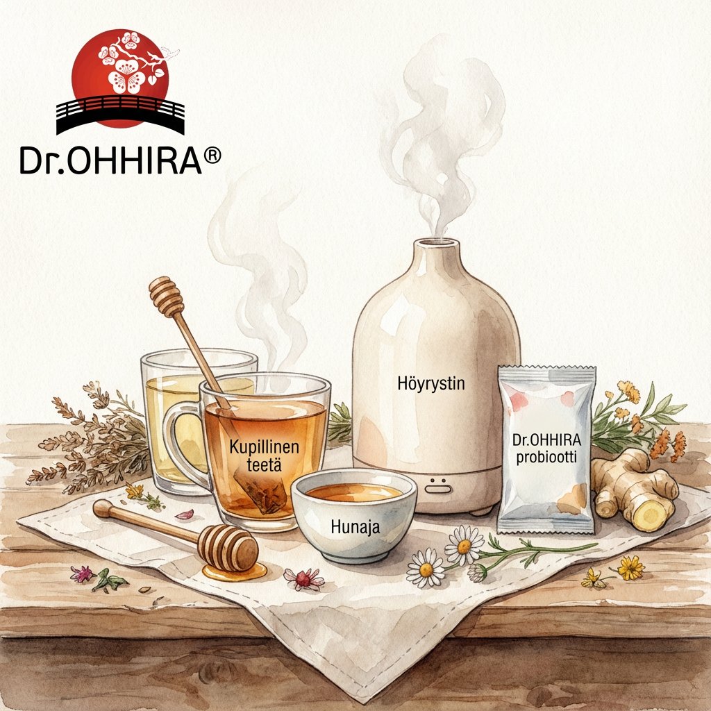 Dr.OHHIRA-logo, teetä, hunajaa, höyrystin ja probiootteja viihtyisässä, lämpimässä asetelmassa.