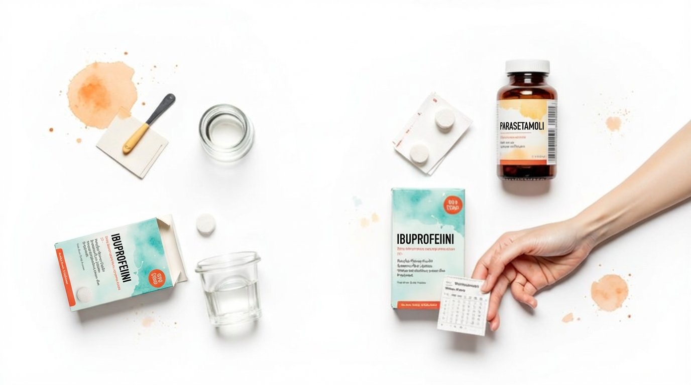 Lääkkeitä, kuten Ibuprofeiini ja Parasetamoli, vesilasi ja käsi valkoisella taustalla.