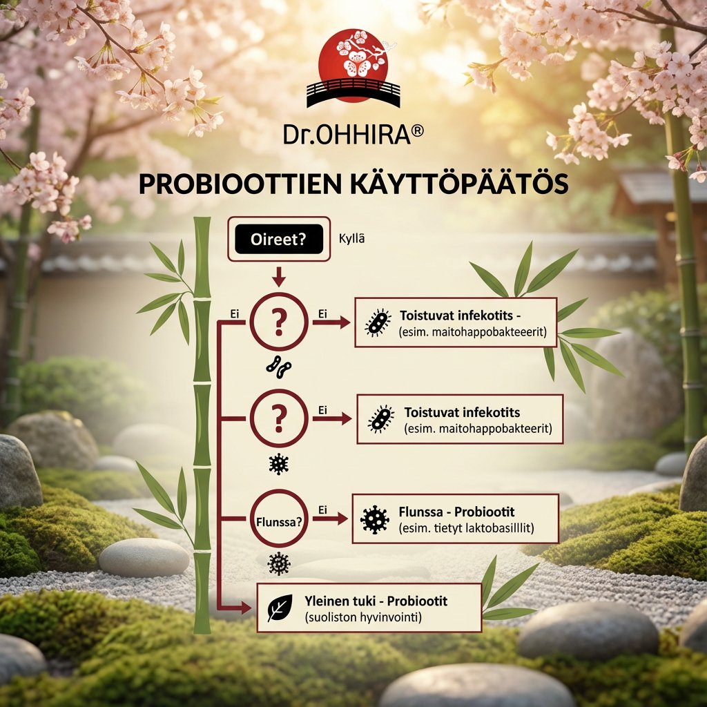Kaavio Dr. OHHIRAn probioottien käyttöön liittyen, opastaen oireiden mukaan oikeaan tuotteeseen.