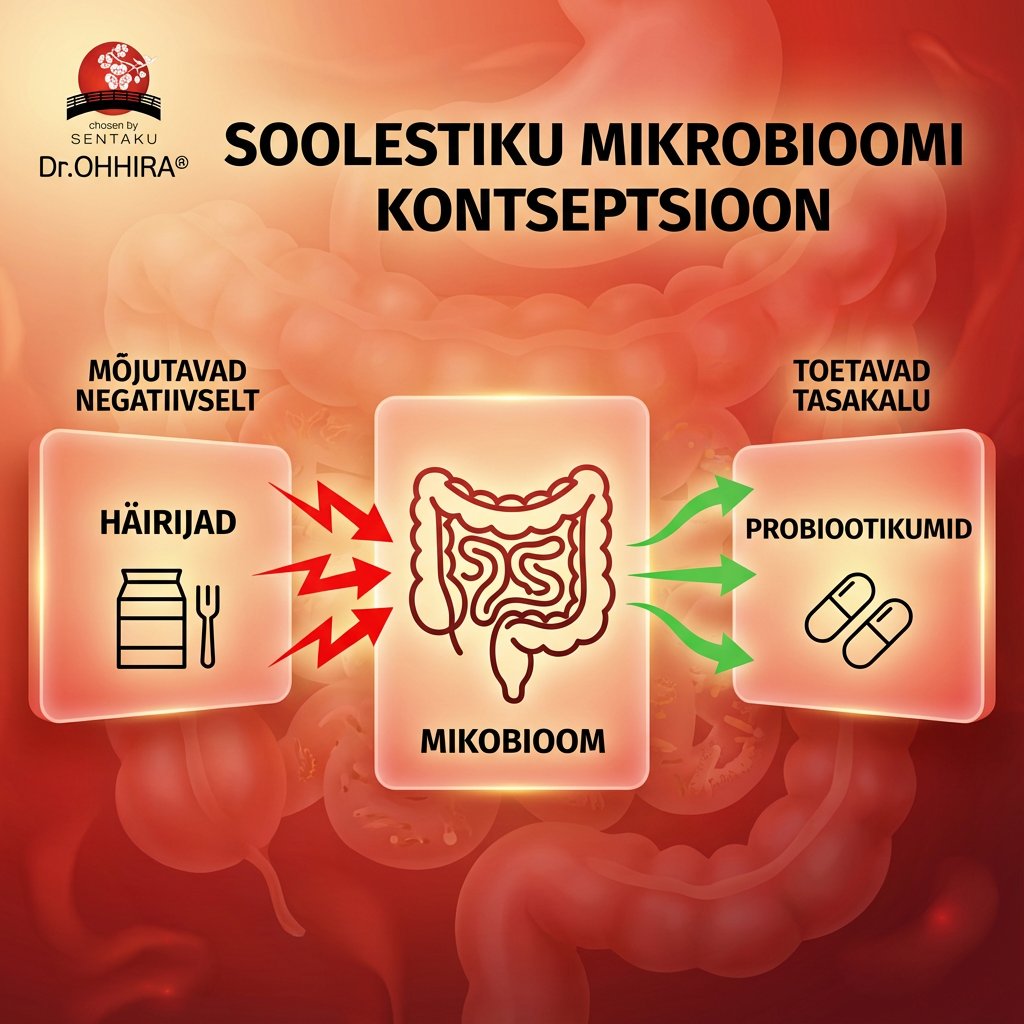 Infograafik soolestiku mikrobioomi kontseptsioonist, mis näitab häirijate negatiivset mõju ja probiootikumide tasakaalu toetavat rolli.
