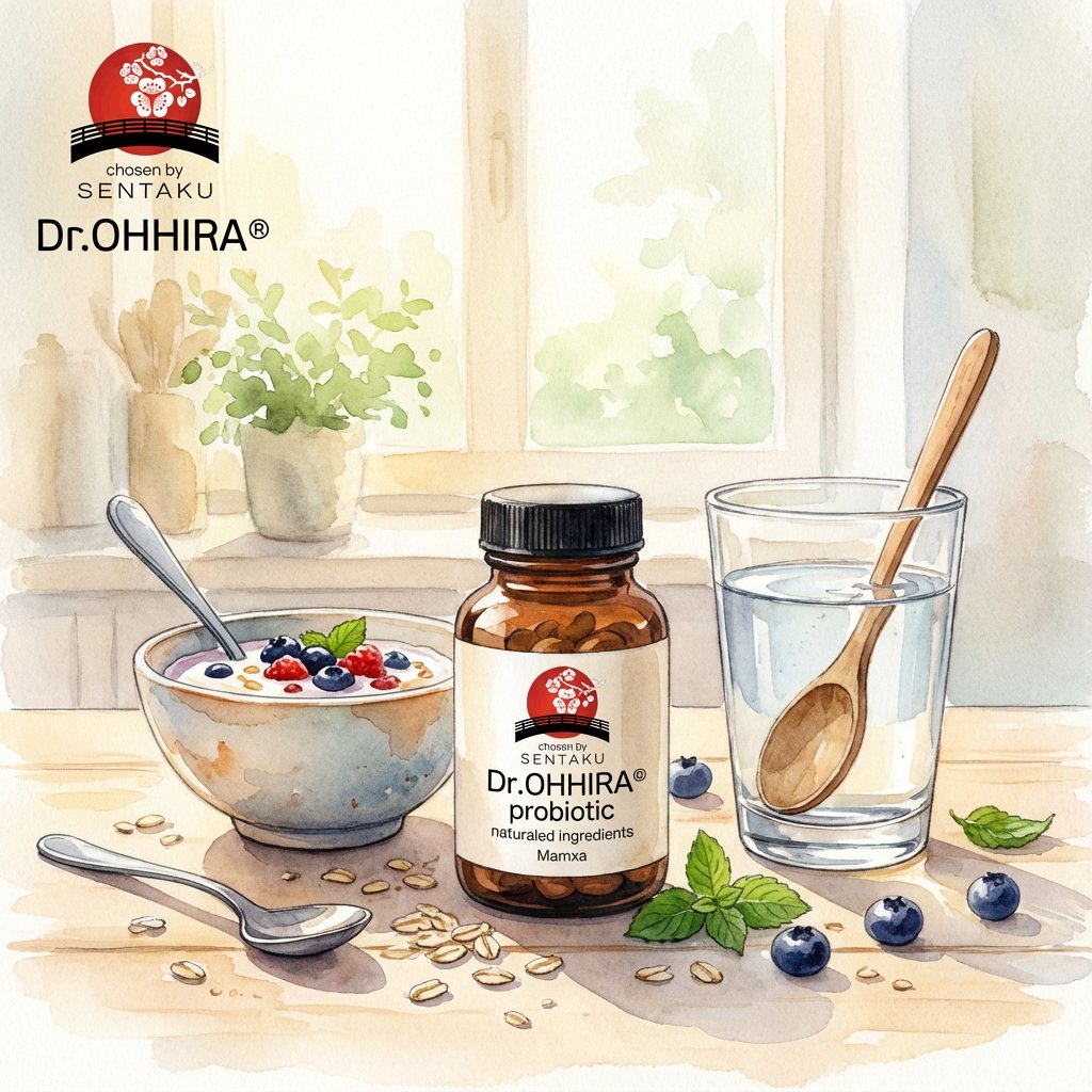 Akvarellmaal, mis kujutab Dr.OHHIRA probiootikumi pudelit, kaussi marjadega jogurtit ja klaasi vett laual.