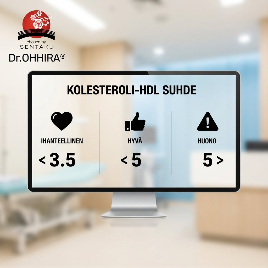 Tietokoneen näyttö, jossa näkyy kolesteroli-HDL-suhteen ohjearvot: ihanteellinen (<3.5), hyvä (<5) ja huono (>5).