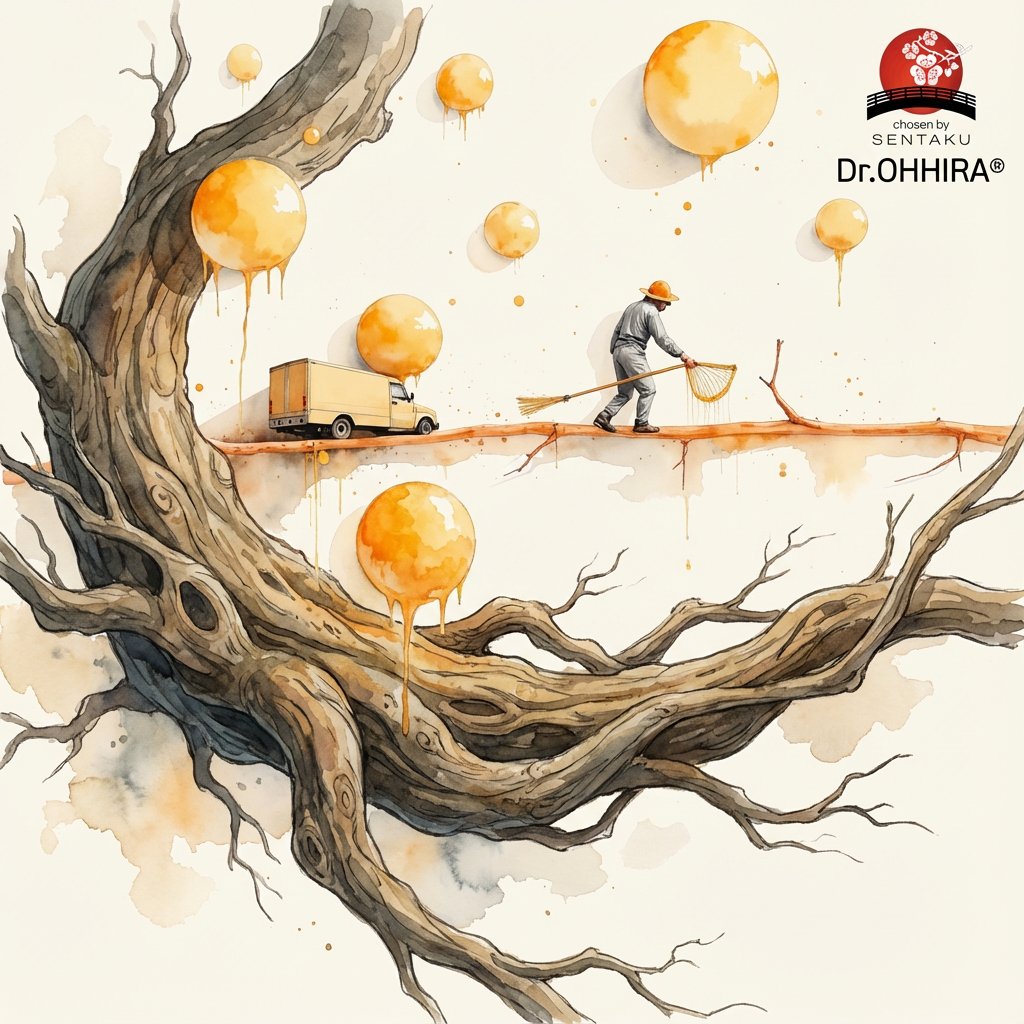 Vesivärimaalaus puusta, jossa kelluu tippuvan oransseja palloja, kuorma-auto ja keräävä henkilö.