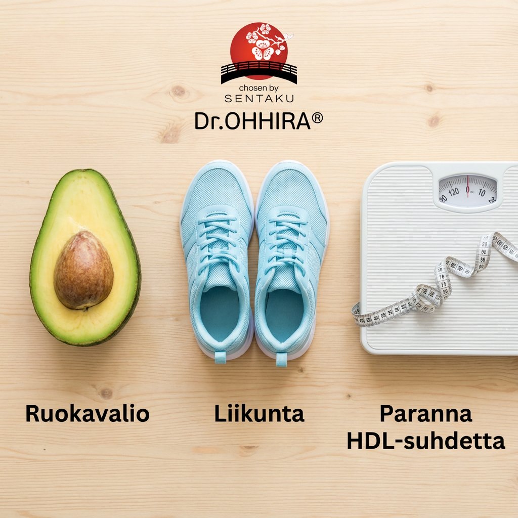Avocado, lenkkarit ja vaaka kuvaavat ruokavaliota, liikuntaa ja HDL-suhdetta Dr. Ohhiran logolla.