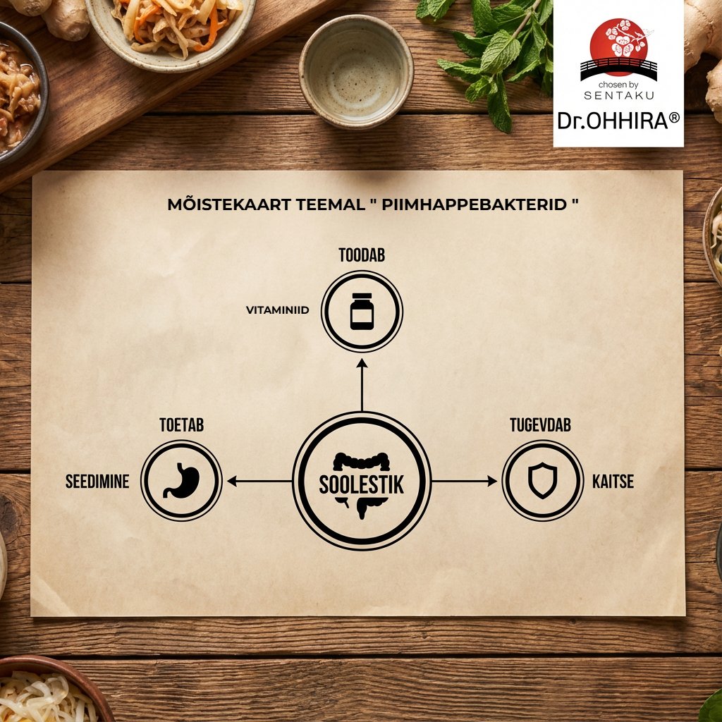 Mõistekaart piimhappebakterite rollist seedimises, vitamiinide tootmises ja immuunsuse tugevdamises.